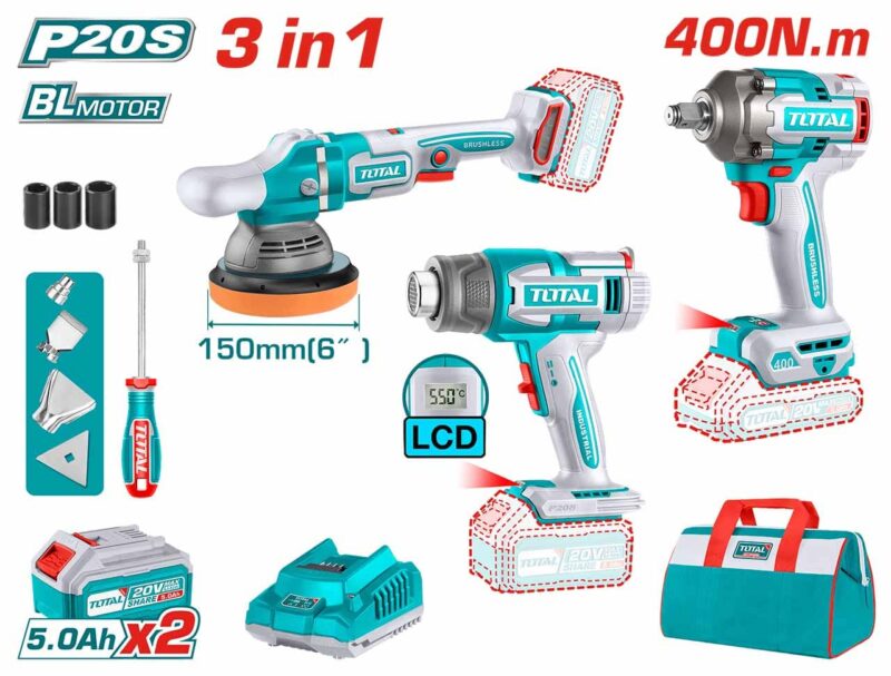 Bộ combo máy thổi nhiệt TBLI2003 & máy đánh bóng TAPLI2015 & máy siết buloong TIWLI20401 không chổi than dùng pin 20V