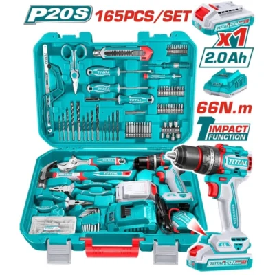 Bộ 165 món bao gồm máy khoan búa không chổi than dùng pin 20v TIDLI20668